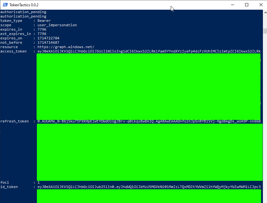 Now this one I had good reason to redact. Stay out of my account. Redacted tokens in Powershell
