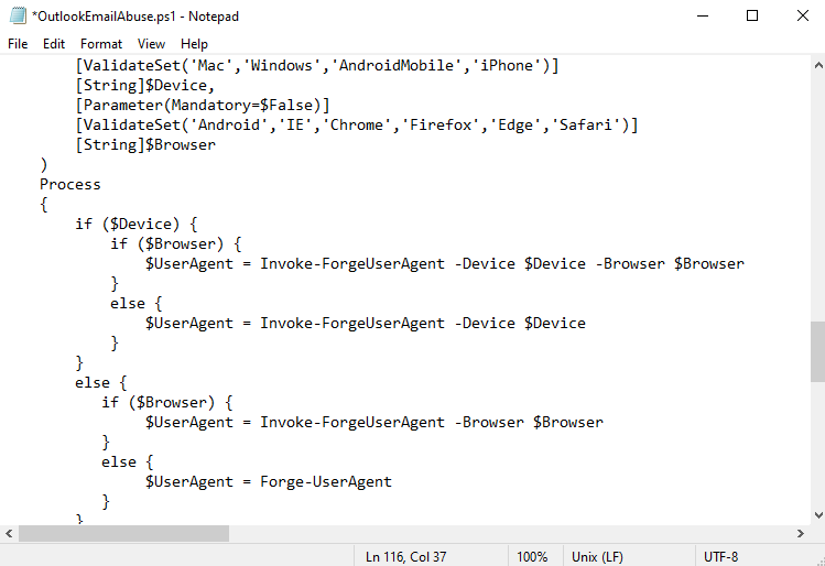 Look, it's a testing VM. I'm not going to bother installing VSCode or something. Image of notepad editing the OutlookEmailAbuse.ps1 file