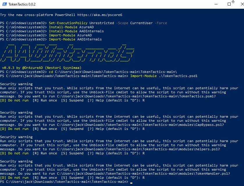 Look, I've heard this Bobby guy is trustworthy, so I'll absolutely just run his code as Administrator and ignore the security warnings. Image of Powershell after installing and importing the
modules