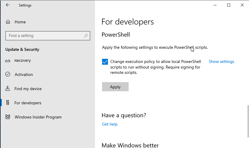 If I want to run untrusted code you have to let me. It's in
the Constitution. Image of Windows settings allowing unsigned powershell scripts to
run